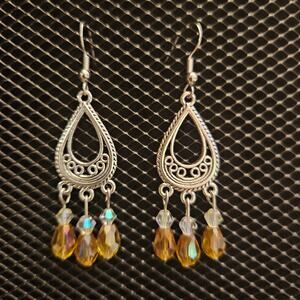 Antique silver, honey/topaz and clear glass chandelier earrings
